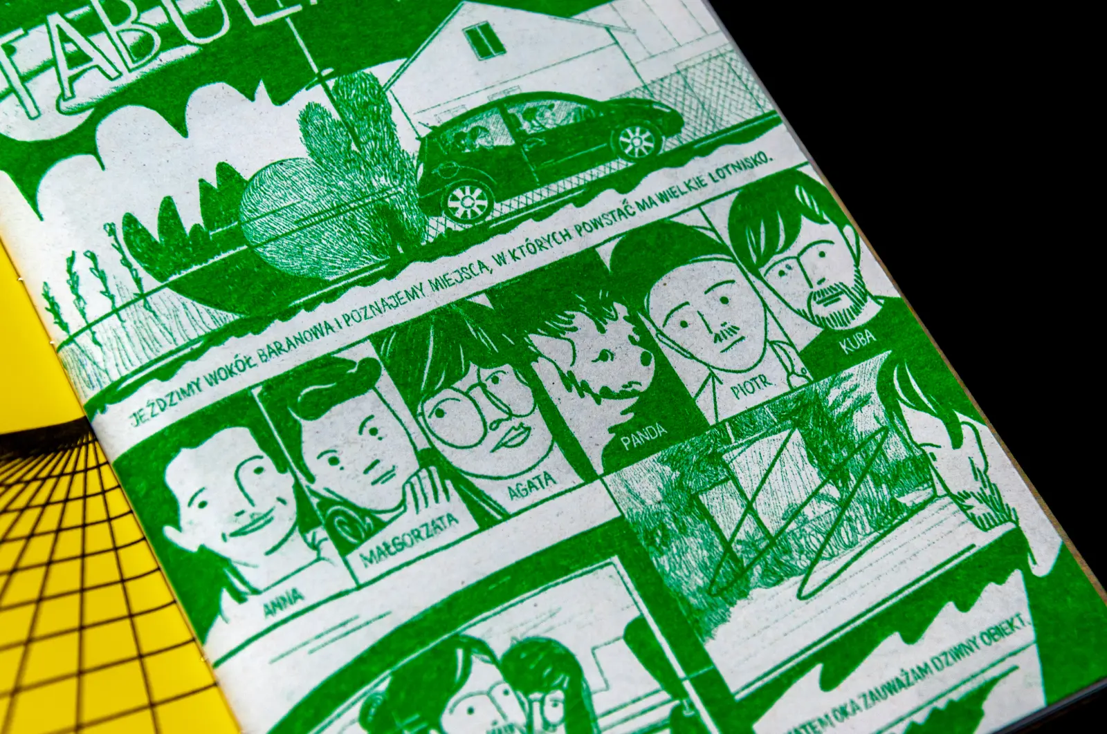 Zbliżenie na wydrukowany na zielono komiks. Na pierwszym planie rysunkowe portrety autorek i autorów publikacji.