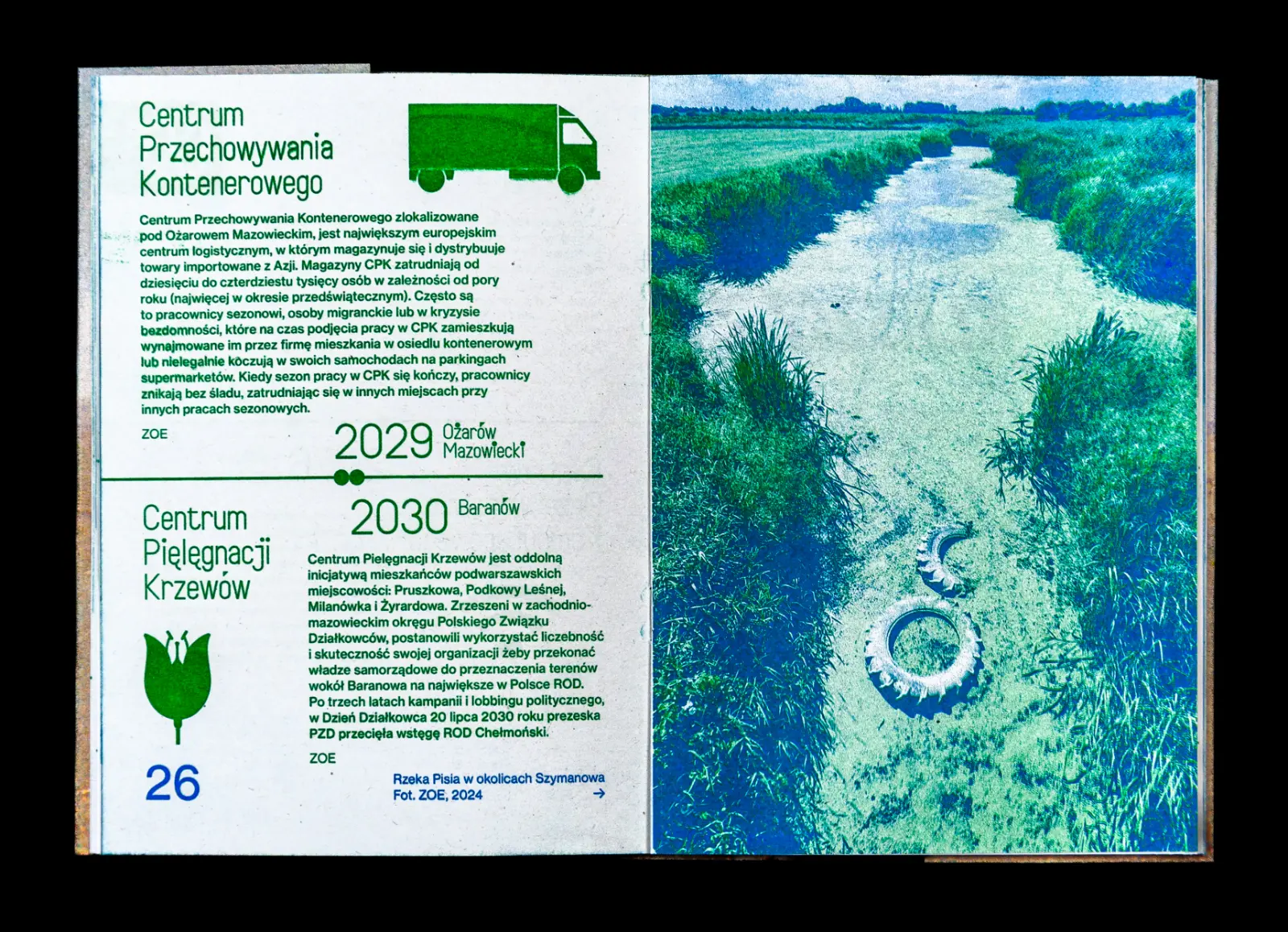 Rozkładówka zeszytu przedstawiającą po lewej stronie tekst, po prawej zdjęcie rzeki, w której unoszą się opony samochodowe.