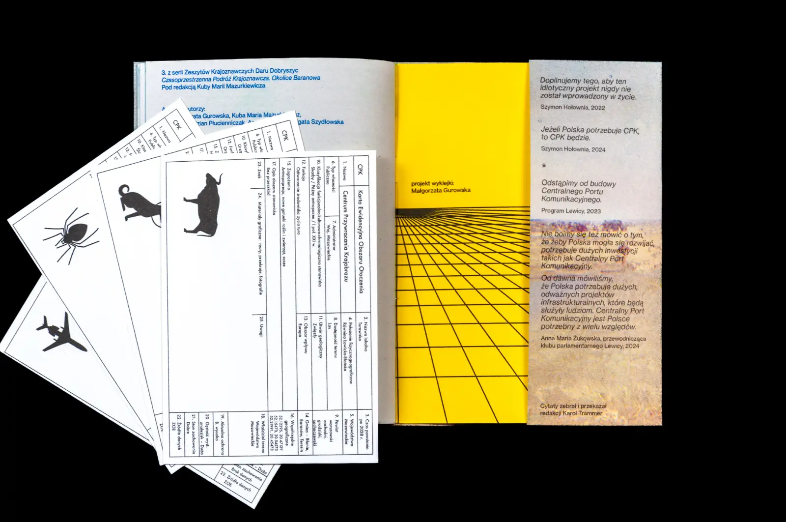 Rozkładówka zeszytu – widok ostatniej strony i trzeciej strony okładki. Na publikacji leżą czarno-białe karty wysunięte spod obwoluty.