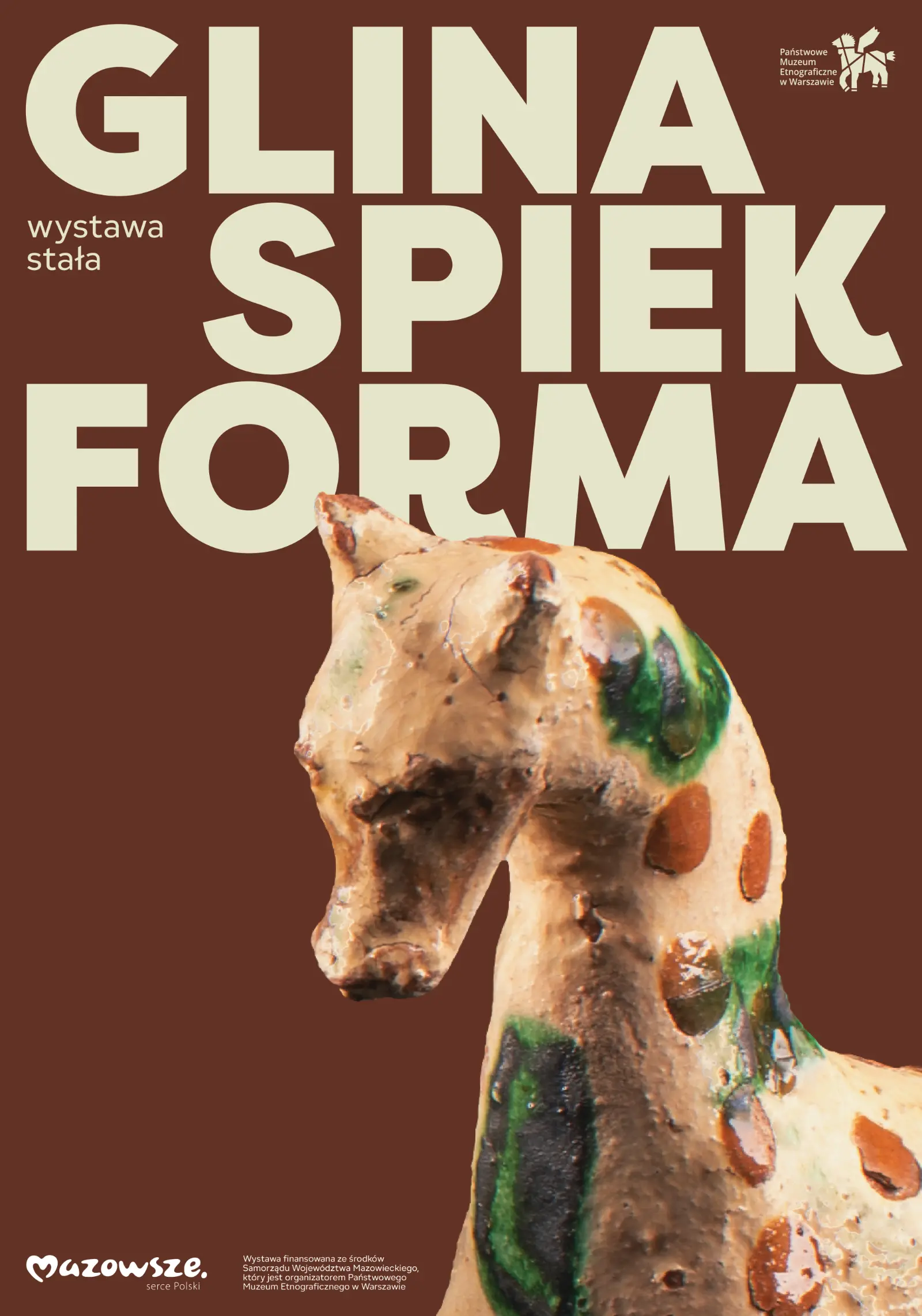 Poster for the exhibition “Clay, Sinter, Form.” Burgundy background with a clay horse head at the bottom of the composition. Headline at the top of the composition.