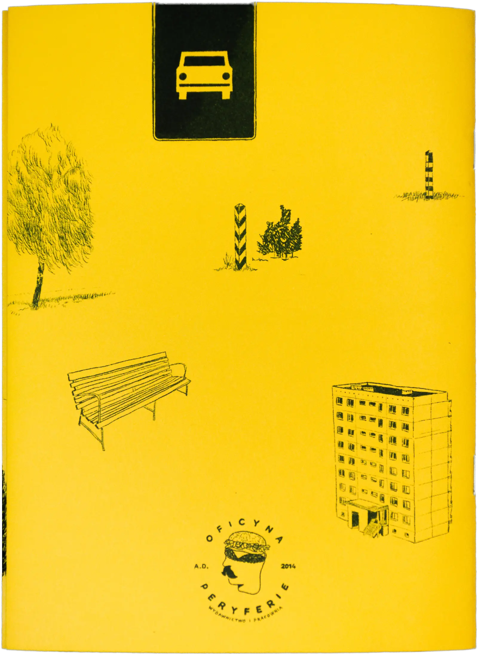 Back cover of the zine “W–E: Life Between West and East.” Yellow background and black drawings: birch tree, bench, boundary markers, Polish apartment block from the 1970s, highway road sign.