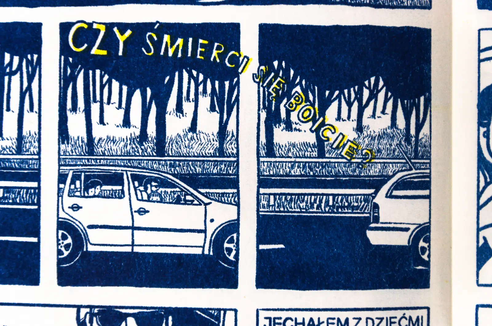 A car driving with a man and children inside. Caption: a fragment of a song coming from inside: “Are you afraid of death?.”