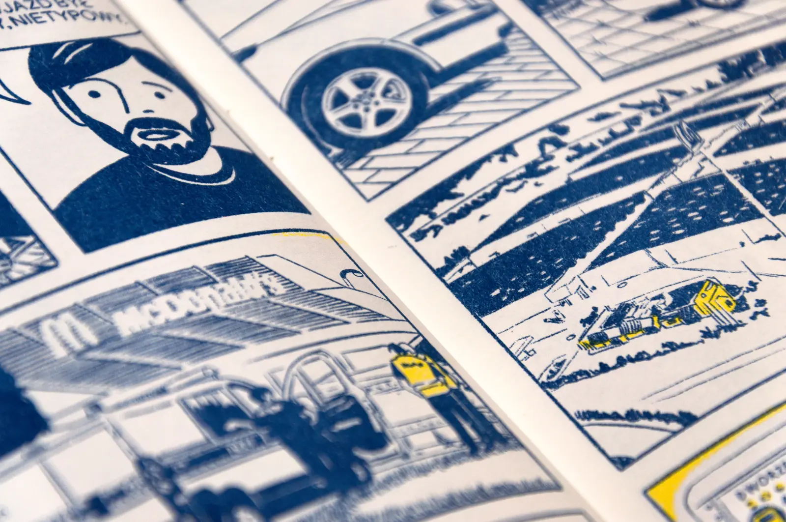 Dark blue and yellow comic drawing. The face of the main character, a middle-aged man with a beard. A police van in front of a Mcdonald’s restaurant.