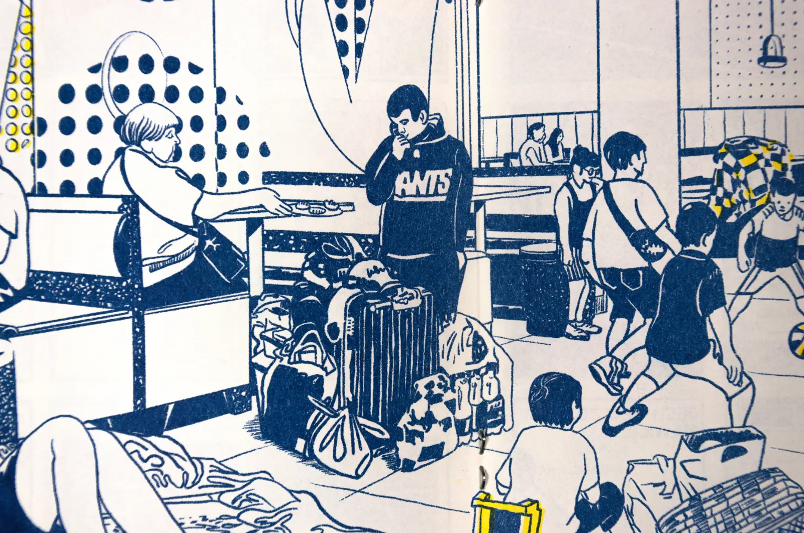 Dark blue and yellow comic drawing. The interior of a McDonald’s restaurant filled with people of all ages and their luggage.